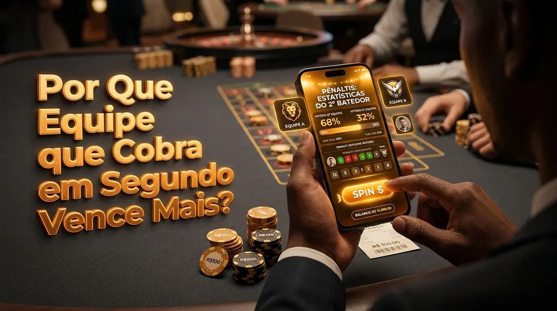 Mãos seguram celular com tela brilhante sobre estatísticas de pênaltis de futebol.